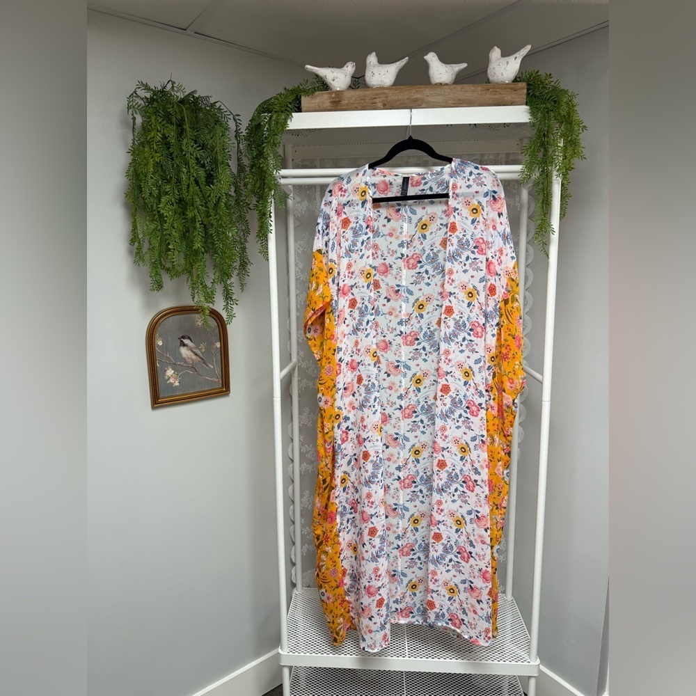 Lane Bryant Long Semi Sheer Open Front Cover Up Floral Boho Kimono / Duster / OS
